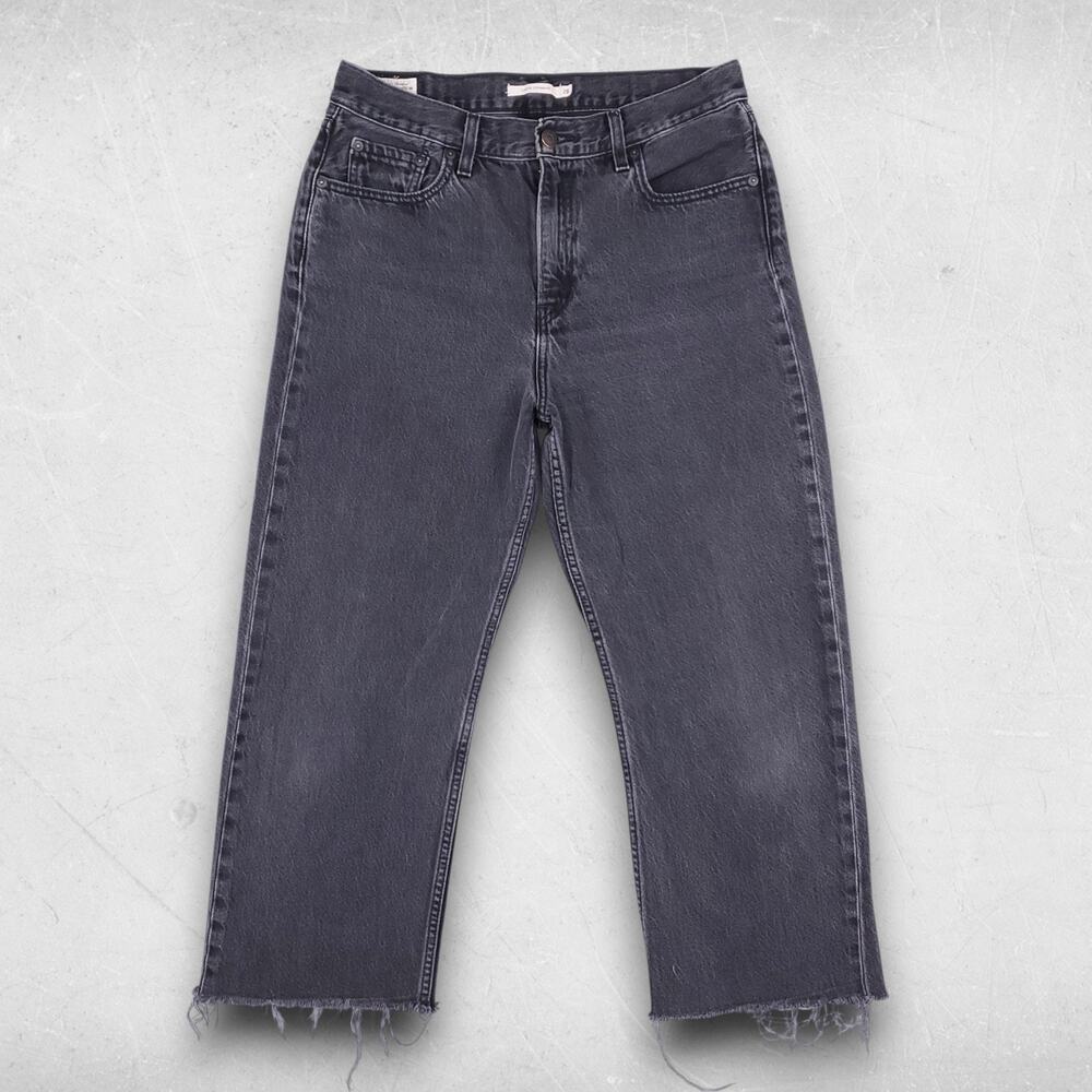Levis Premium Loose Straight Jeans Women 28 Black‎ Cropped Frayed Hem Retro Boho